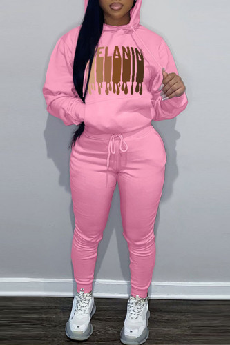 Pink Casual Graphcis Print Hooded Collar Long Sleeve Sweatshirt And Pants Sportwear Two Piece Jogger Set