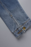 Veste en jean décontractée à manches longues et col rabattu en patchwork uni bleu