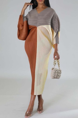 Brown Casual Patchwork Contrast V Neck Pencil Skirt Dresses