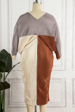 Brown Casual Patchwork Contrast V Neck Pencil Skirt Dresses