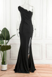 Vestido de noche de cuello oblicuo con abertura de patchwork sólido sexy negro Vestidos