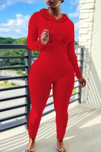 Red Casual Hooded Collar Long Sleeve Sweatshirt And Skinny Pants Sportwear Two Piece Jogger Set