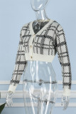 Yellow Casual Plaid Print Patchwork Buttons Cardigan Collar Outerwear