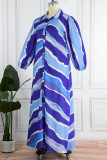 Синее повседневное платье большого размера с отложным воротником и длинным рукавом в стиле пэчворк с принтом