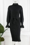 ブラック カジュアル ソリッド バンデージ パッチワーク タートルネック ワンステップ スカート ドレス