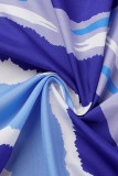 Blauwe casual print patchwork turndown kraag lange mouw plus size jurk