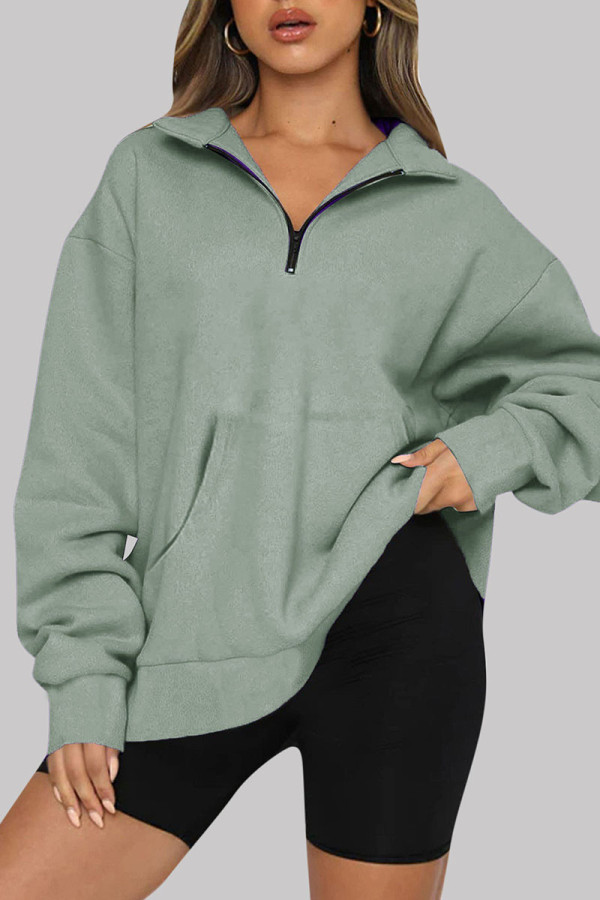 Light Green Casual Solid Patchwork Zipper Collar Tops