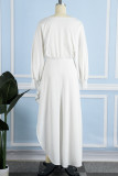 Witte casual effen slit O-hals jurken met lange mouwen