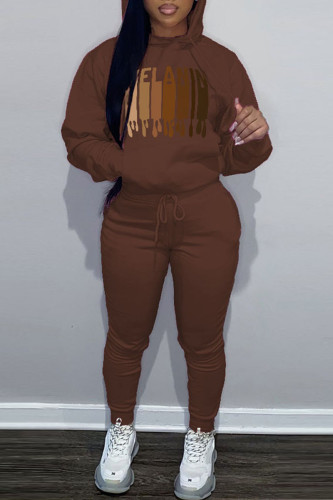 Brown Casual Graphcis Print Hooded Collar Long Sleeve Sweatshirt And Pants Sportwear Two Piece Jogger Set