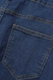 Синие повседневные уличные сплошные заклепки Рваные лоскутные разрезы Прямые прямые однотонные брюки с высокой талией