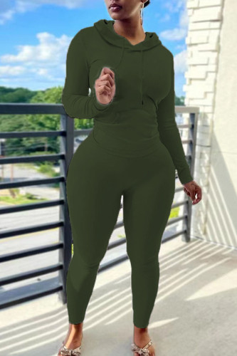 Army Green Casual Hooded Collar Long Sleeve Sweatshirt And Skinny Pants Sportwear Two Piece Jogger Set