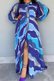 Blauwe casual print patchwork turndown kraag lange mouw plus size jurk