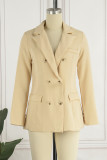 Khaki Casual Solid Patchwork Buttons Cardigan Turn-back Collar Outerwear