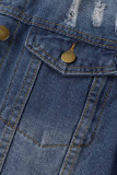 Синий повседневный однотонный рваный лоскутный кардиган с отложным воротником и длинным рукавом, обычная джинсовая куртка