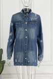 Blå Casual Solid Ripped Patchwork Cardigan Turndown-krage Långärmad Vanlig jeansjacka