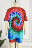 Red Blue Casual Print Tie-dye O Neck Short Sleeve Two Pieces