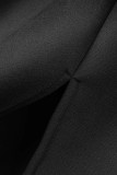 Vestidos de falda de un paso con cuello en O rebordear patchwork sólido elegante negro