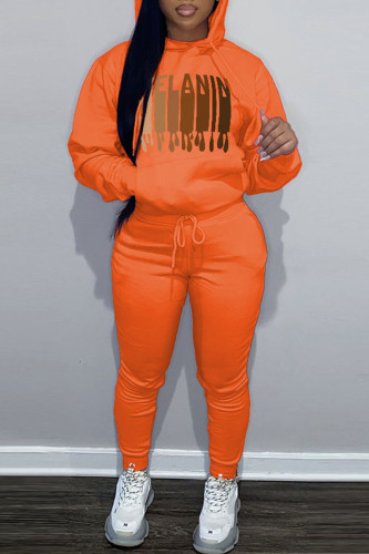 Orange Casual Graphcis Print Hooded Collar Long Sleeve Sweatshirt And Pants Sportwear Two Piece Jogger Set