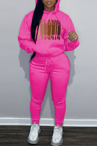Rose Red Casual Graphcis Print Hooded Collar Long Sleeve Sweatshirt And Pants Sportwear Two Piece Jogger Set