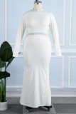 Vita sexiga formella solida urholkade lapptäcksslits Half a turtleneck långärmade klänningar i plusstorlek