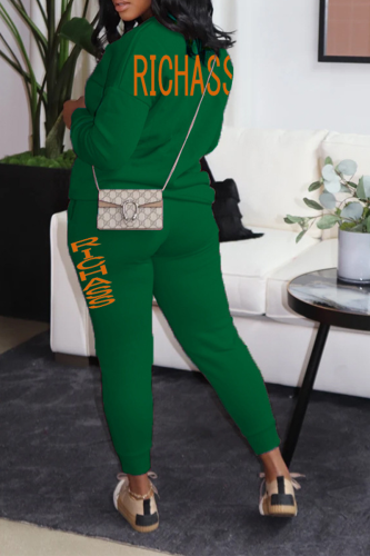 Dark Green Street Print Patchwork O Neck Long Sleeve Two Pieces