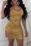 Золотое сексуальное однотонное лоскутное платье с открытой спиной и разрезом без бретелек без рукавов