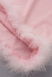 Pink Sexy Casual Solid Patchwork Frenulum Feathers V Neck Long Sleeve Two Pieces
