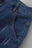 Синие повседневные уличные сплошные заклепки Рваные лоскутные разрезы Прямые прямые однотонные брюки с высокой талией