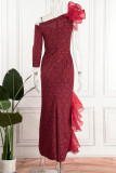 Röda Elegant Patchwork Applikationer Volang Asymmetrisk aftonklänning Klänningar