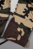Camouflage Sexy Casual Camouflage Print Ausgehöhltes Frenulum Rückenfreier Umlegekragen Langarm Zweiteilig