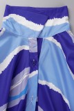 Vestido azul casual estampado patchwork turndown colarinho manga comprida plus size