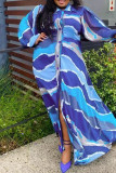 Blaues, lässig bedrucktes Patchwork-Umlegekragen-Langarmkleid in Übergröße