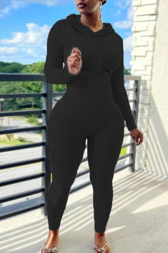 Black Casual Hooded Collar Long Sleeve Sweatshirt And Skinny Pants Sportwear Two Piece Jogger Set