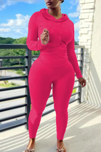 Rose Red Casual Hooded Collar Long Sleeve Sweatshirt And Skinny Pants Sportwear Two Piece Jogger Set