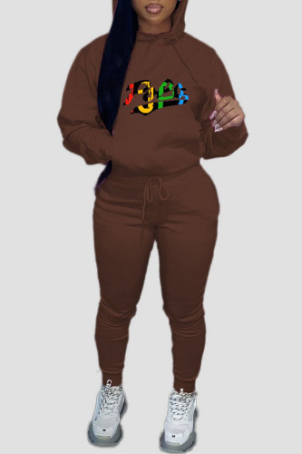 Brown Casual Letter Print Hooded Collar Long Sleeve Sweatshirt And Pants Sportwear Two Piece Jogger Set