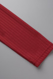 Красный Повседневная спортивная одежда Однотонный Пэчворк U-образный вырез Длинный рукав Из двух частей