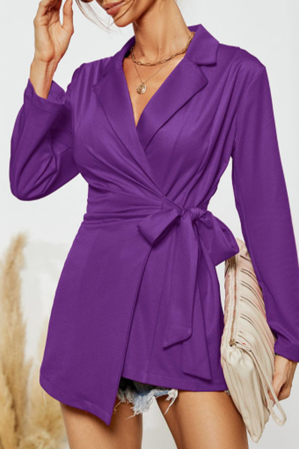 Пурпурная повседневная однотонная повязка в стиле пэчворк с отложным воротником Верхняя одежда