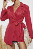 Rose Red Casual Solid Bandage Patchwork Turn-back Collar Outerwear