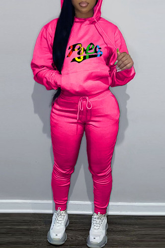 Rose Red Casual Letter Print Hooded Collar Long Sleeve Sweatshirt And Pants Sportwear Two Piece Jogger Set