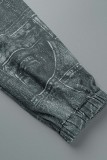 Gola de zíper preta estampa casual patchwork manga longa duas peças