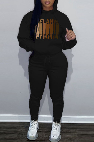 Black Casual Graphcis Print Hooded Collar Long Sleeve Sweatshirt And Pants Sportwear Two Piece Jogger Set