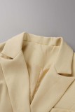 Khaki Casual Solid Patchwork Buttons Cardigan Turn-back Collar Outerwear