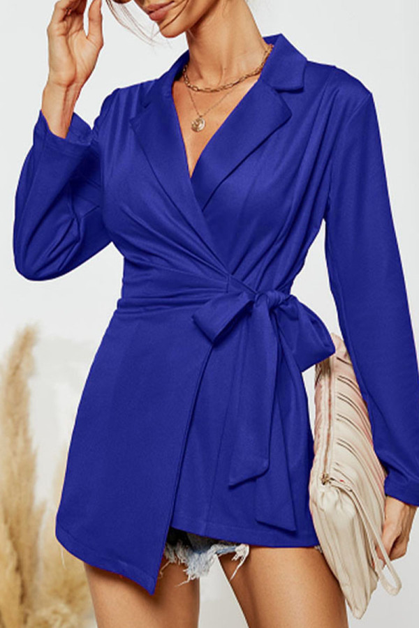 Синяя повседневная однотонная повязка в стиле пэчворк с отложным воротником Верхняя одежда