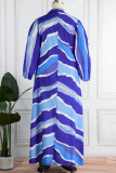 Синее повседневное платье большого размера с отложным воротником и длинным рукавом в стиле пэчворк с принтом