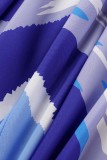 Blaues, lässig bedrucktes Patchwork-Umlegekragen-Langarmkleid in Übergröße