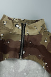Camouflag Gray Street Camouflage Print Patchwork Asymmetrical Zipper Collar Outerwear