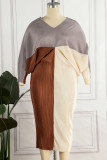 Коричневые повседневные лоскутные платья с контрастной юбкой-карандашом и V-образным вырезом
