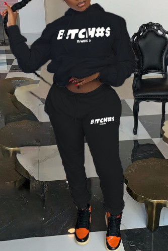 Black Casual Letter Print Basic Hooded Collar Long Sleeve Two Pieces