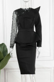 Vestidos preto elegante sólido patchwork com decote em bico e saia única