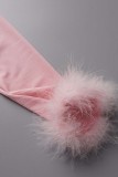 Розовый сексуальный повседневный сплошной пэчворк уздечка перья V-образный вырез с длинным рукавом из двух частей